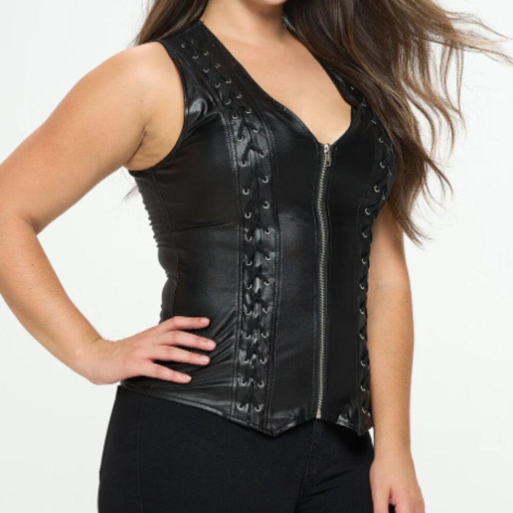 Zip Front Lace-Up Detail Sleeveless Wet Look Top